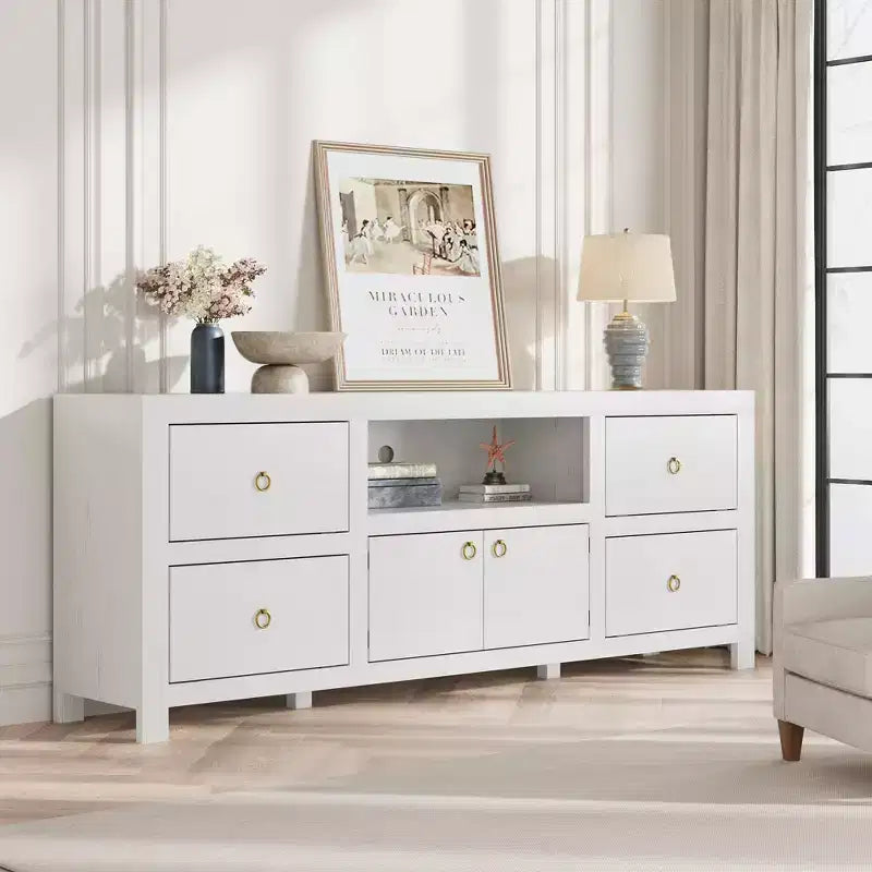 Meuble TV style ferme pour téléviseurs de 80 pouces, avec 6 tiroirs de rangement et une étagère pour haut-parleur, adapté aux salons et aux chambres.