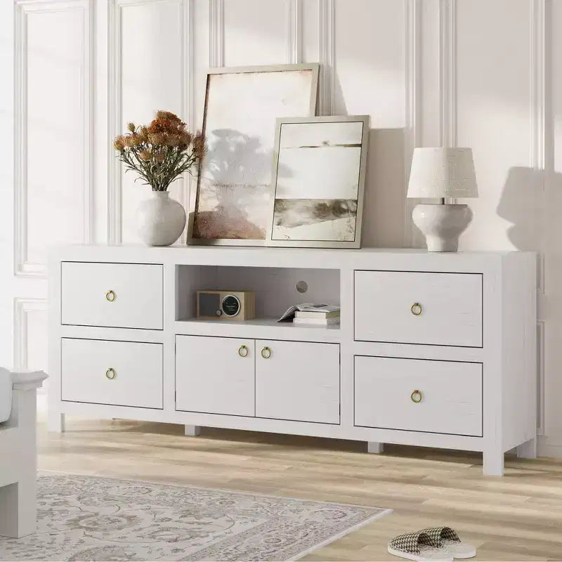 Meuble TV style ferme pour téléviseurs de 80 pouces, avec 6 tiroirs de rangement et une étagère pour haut-parleur, adapté aux salons et aux chambres.