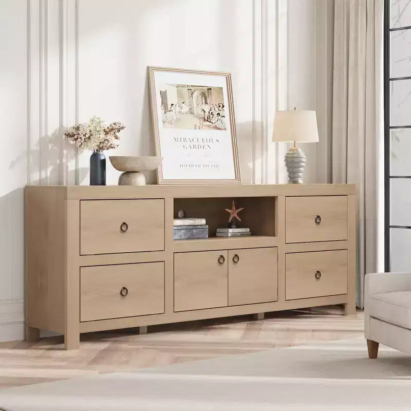 Meuble TV style ferme pour téléviseurs de 80 pouces, avec 6 tiroirs de rangement et une étagère pour haut-parleur, adapté aux salons et aux chambres.