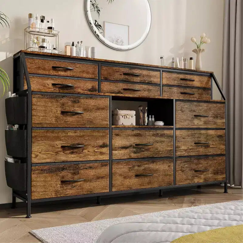 Commode à 14 tiroirs de 55 po avec pochette latérale et étagères, commode de rangement en tissu avec plateau en bois robuste pour l'organisation de la chambre à coucher