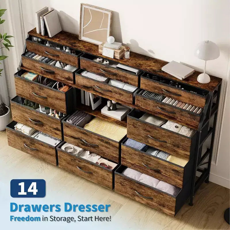 Commode à 14 tiroirs de 55 po avec pochette latérale et étagères, commode de rangement en tissu avec plateau en bois robuste pour l'organisation de la chambre à coucher