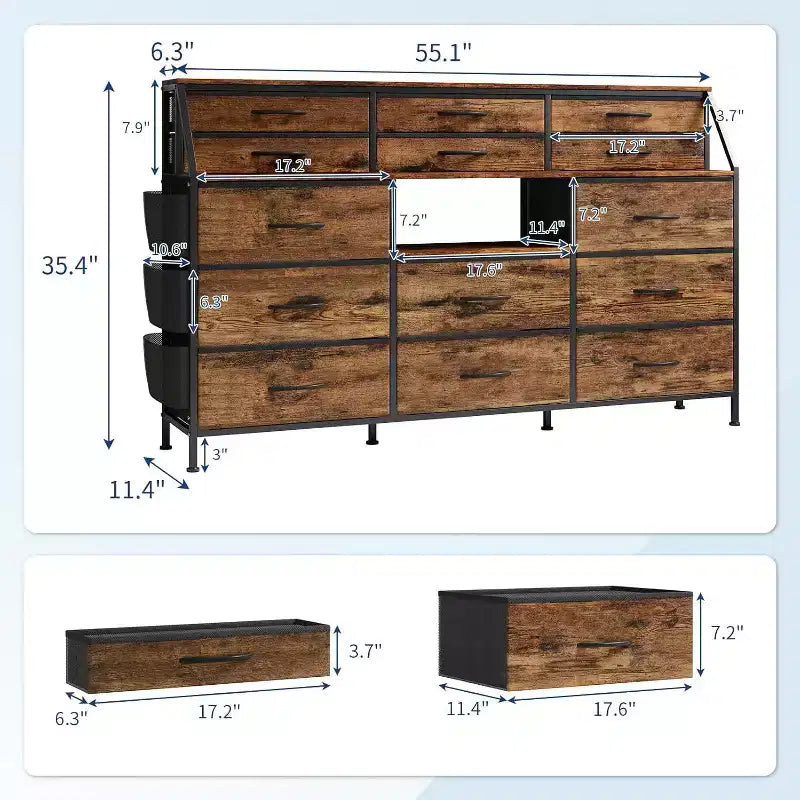 Commode à 14 tiroirs de 55 po avec pochette latérale et étagères, commode de rangement en tissu avec plateau en bois robuste pour l'organisation de la chambre à coucher