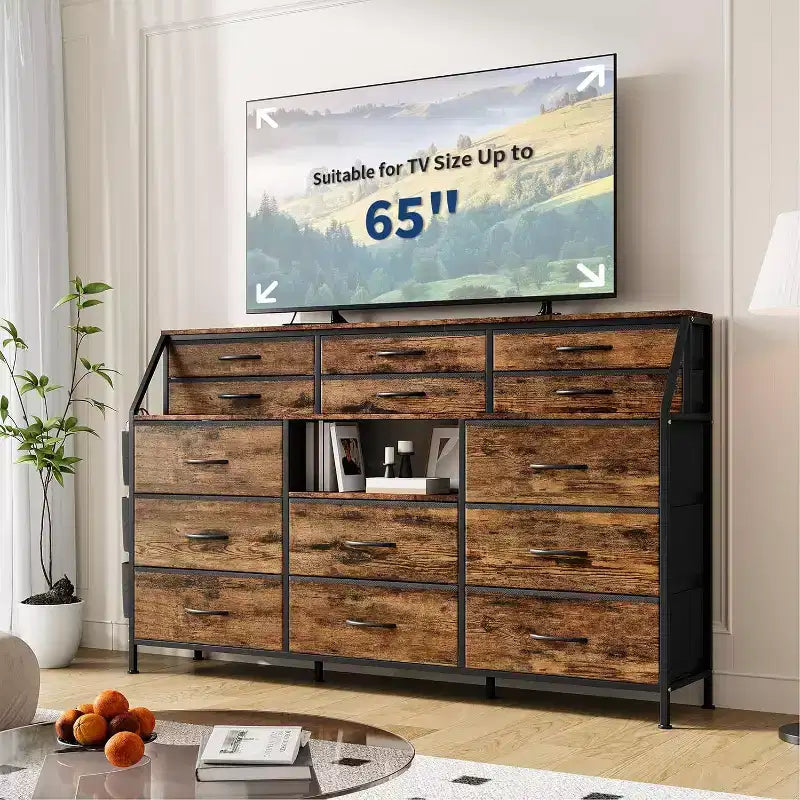 Commode à 14 tiroirs de 55 po avec pochette latérale et étagères, commode de rangement en tissu avec plateau en bois robuste pour l'organisation de la chambre à coucher