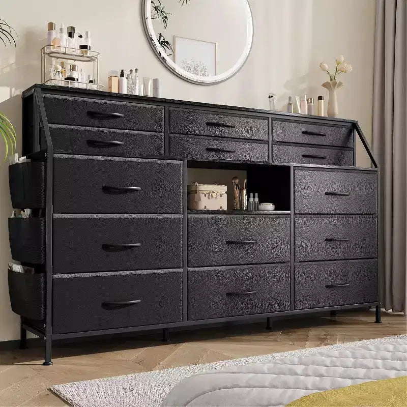 Commode à 14 tiroirs de 55 po avec pochette latérale et étagères, commode de rangement en tissu avec plateau en bois robuste pour l'organisation de la chambre à coucher