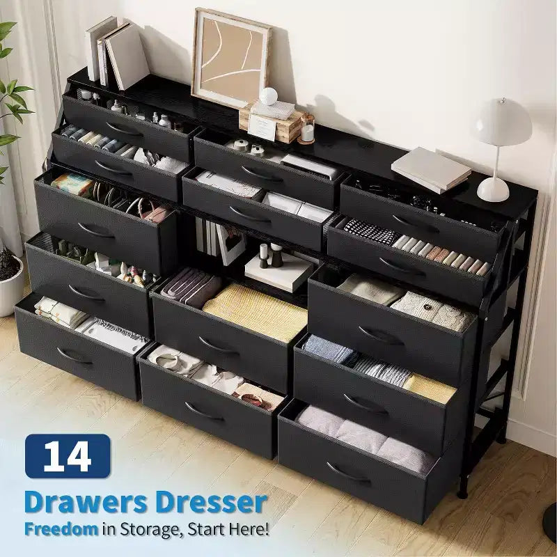 Commode à 14 tiroirs de 55 po avec pochette latérale et étagères, commode de rangement en tissu avec plateau en bois robuste pour l'organisation de la chambre à coucher