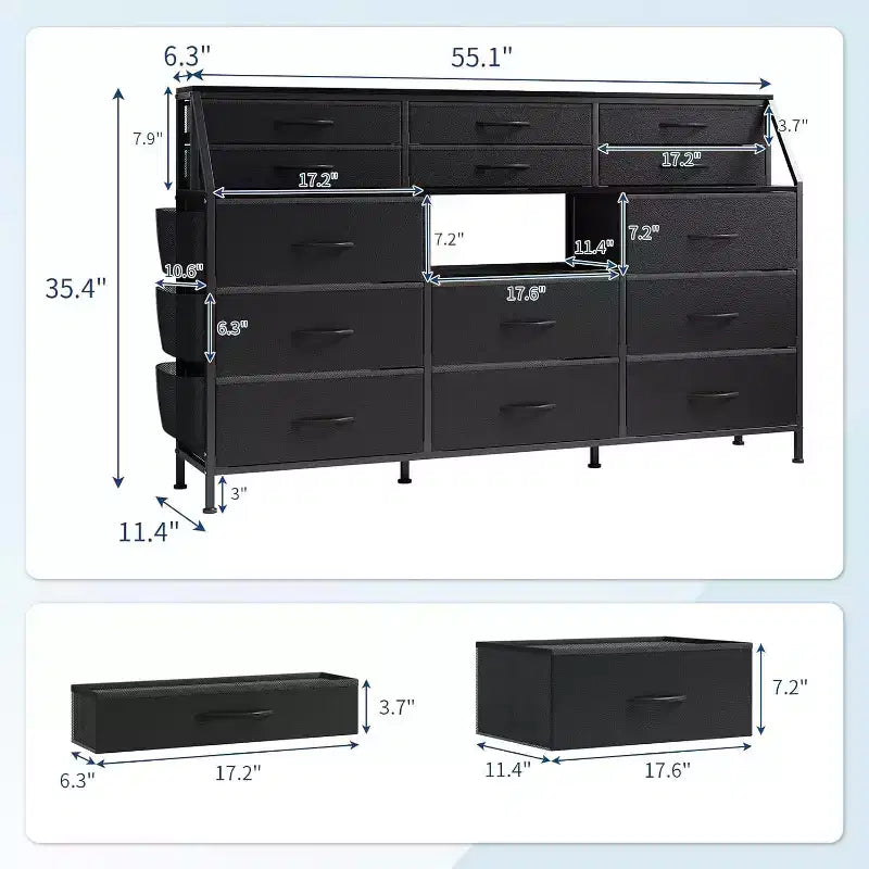 Commode à 14 tiroirs de 55 po avec pochette latérale et étagères, commode de rangement en tissu avec plateau en bois robuste pour l'organisation de la chambre à coucher
