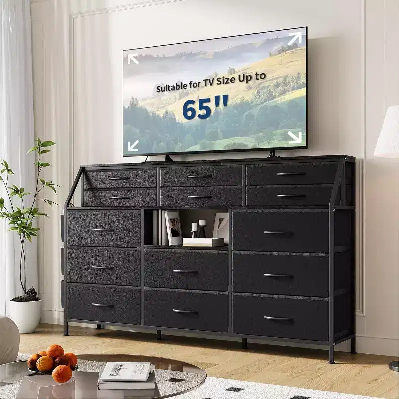 Commode à 14 tiroirs de 55 po avec pochette latérale et étagères, commode de rangement en tissu avec plateau en bois robuste pour l'organisation de la chambre à coucher