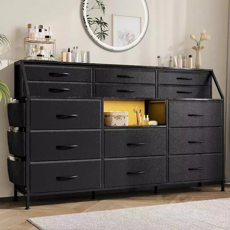 55 14-Drawer Dresser with Side Pocket & Shelves, Fabric Storage Chest with Sturdy Wood Top for Bedroom Organization