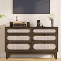 Acekool 6-Drawer Rattan Dresser, Large Storage Chest with USB Ports and Outlets, Boho Organizer for Bedroom, Living Room, Brown