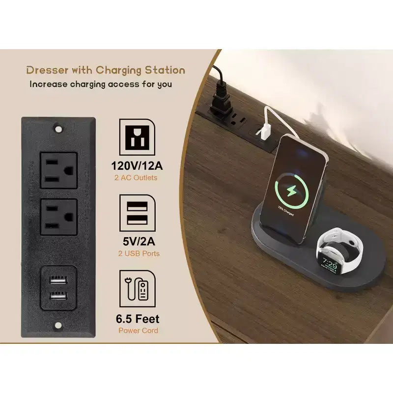 Commode à 6 tiroirs en rotin Acekool, Grand coffre de rangement avec ports USB et prises, Organisateur bohème pour chambre à coucher, salon, Marron