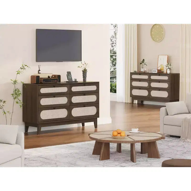 Commode à 6 tiroirs en rotin Acekool, Grand coffre de rangement avec ports USB et prises, Organisateur bohème pour chambre à coucher, salon, Marron