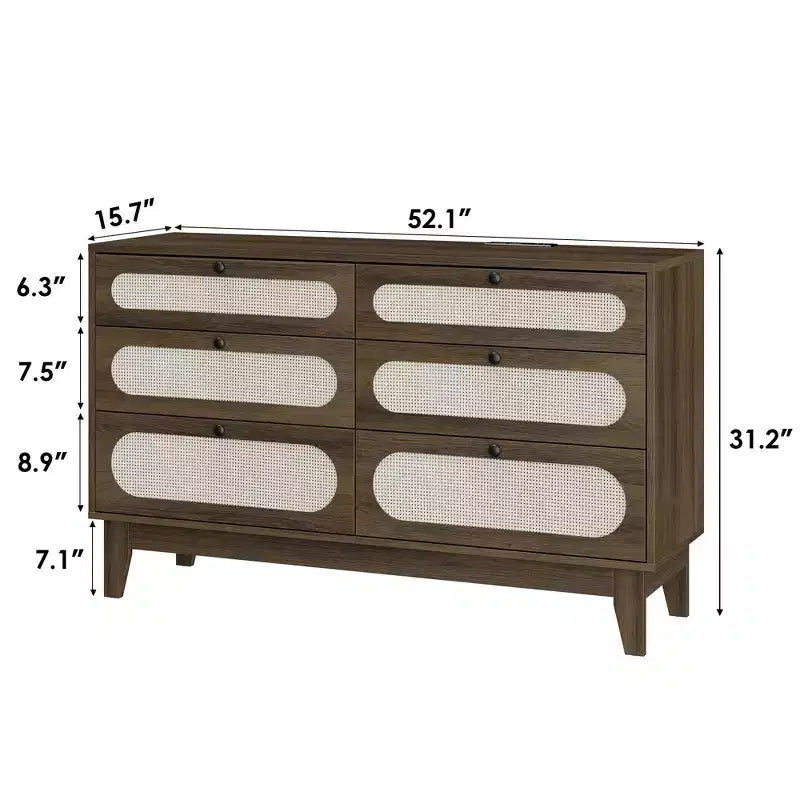Commode à 6 tiroirs en rotin Acekool, Grand coffre de rangement avec ports USB et prises, Organisateur bohème pour chambre à coucher, salon, Marron