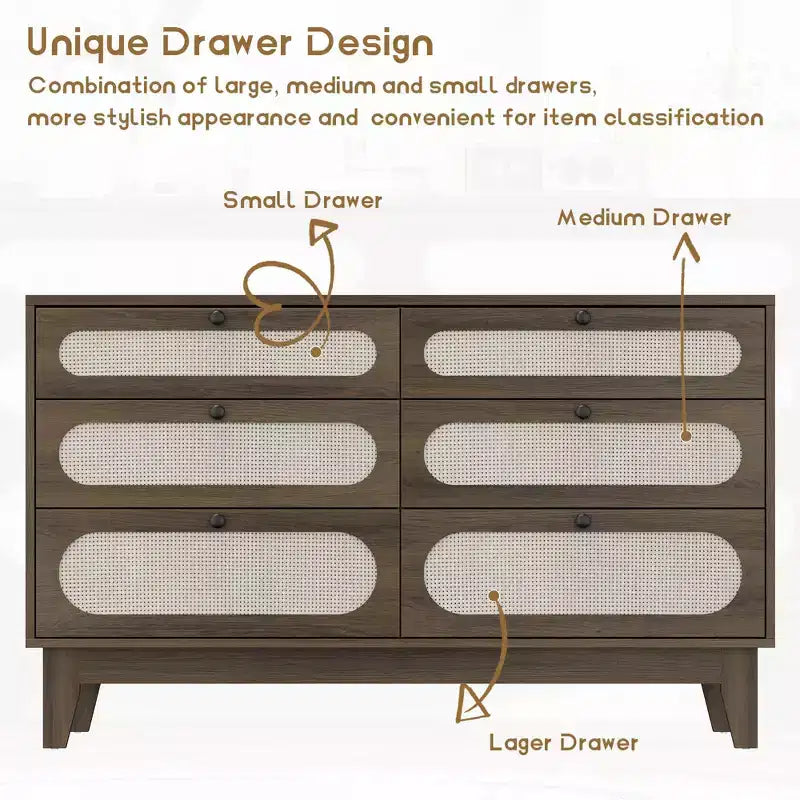 Commode à 6 tiroirs en rotin Acekool, Grand coffre de rangement avec ports USB et prises, Organisateur bohème pour chambre à coucher, salon, Marron