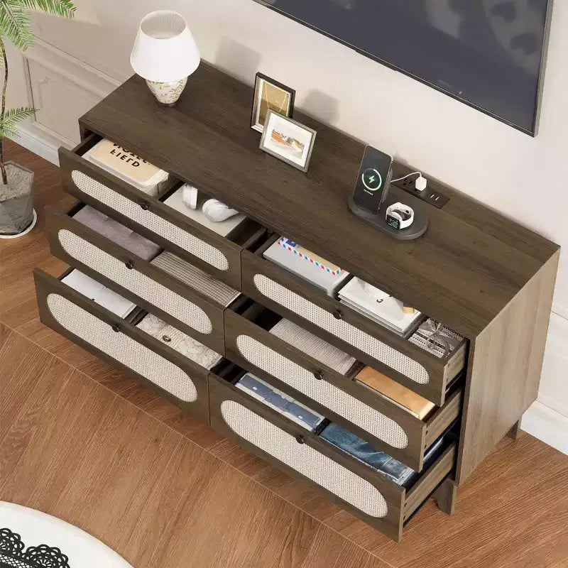 Commode à 6 tiroirs en rotin Acekool, Grand coffre de rangement avec ports USB et prises, Organisateur bohème pour chambre à coucher, salon, Marron