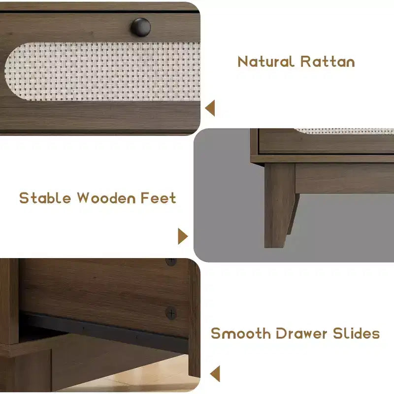 Commode à 6 tiroirs en rotin Acekool, Grand coffre de rangement avec ports USB et prises, Organisateur bohème pour chambre à coucher, salon, Marron
