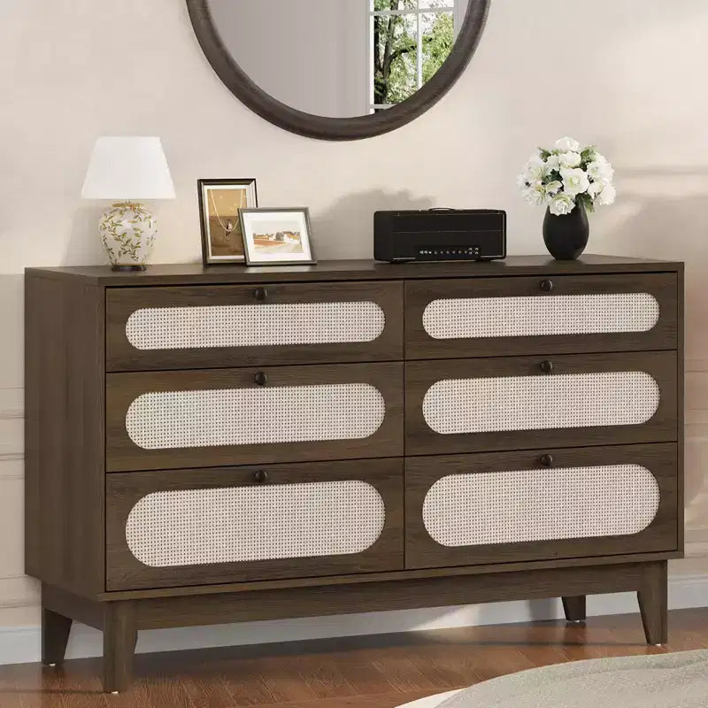 Commode à 6 tiroirs en rotin Acekool, Grand coffre de rangement avec ports USB et prises, Organisateur bohème pour chambre à coucher, salon, Marron