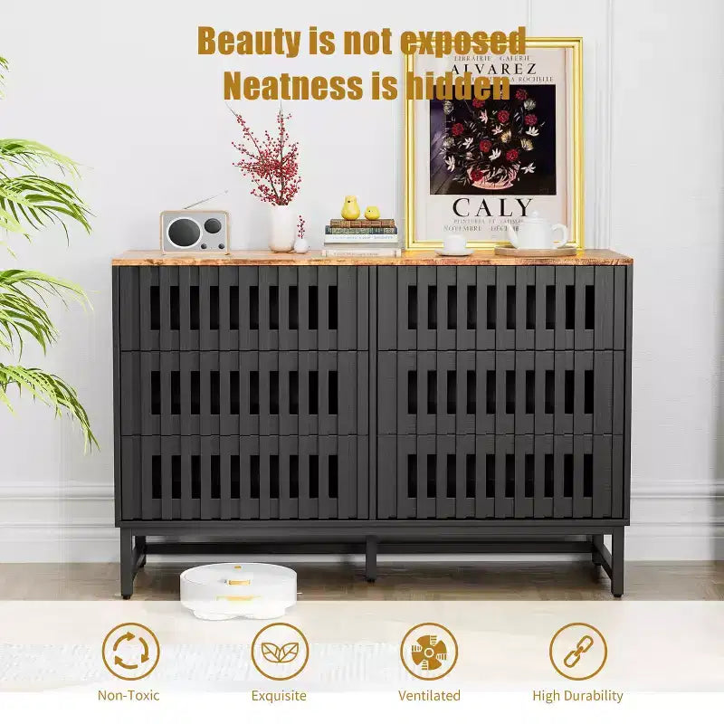 GDFStudio Paloma Commode moderne à 6 tiroirs à rayures et grille à lattes de 120 cm