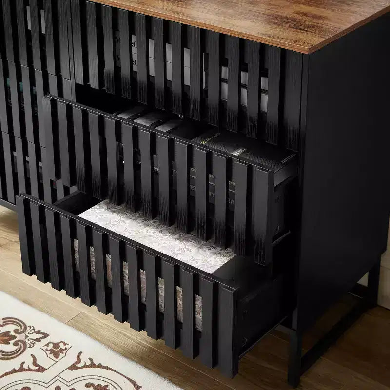 GDFStudio Paloma Commode moderne à 6 tiroirs à rayures et grille à lattes de 120 cm