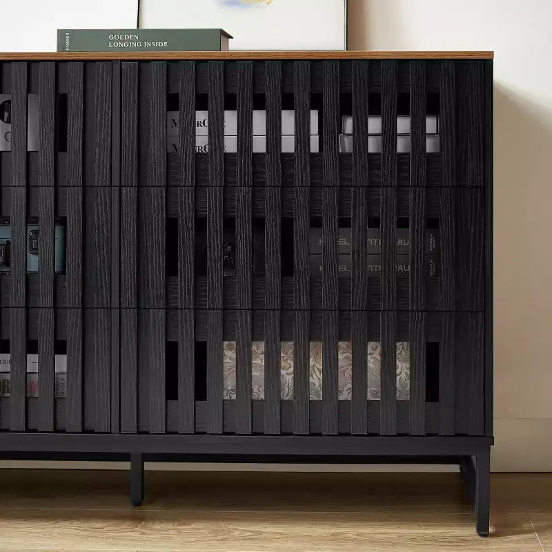 GDFStudio Paloma Commode moderne à 6 tiroirs à rayures et grille à lattes de 120 cm
