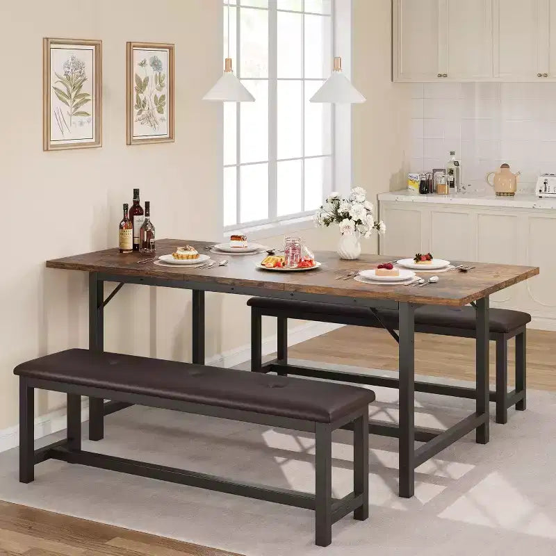 3 Piece Dining Table Set for 4-6, 47-63 Large Extendable Kitchen Table with 2 Upholstered Benches, Brown