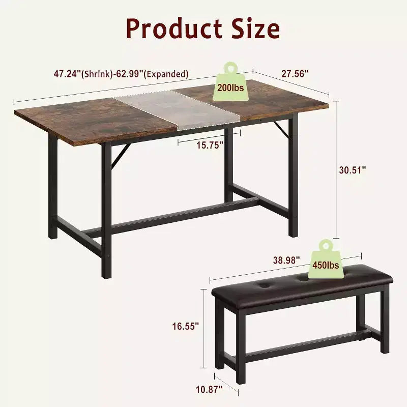 Ensemble table de salle à manger 3 pièces pour 4-6 personnes, grande table de cuisine extensible 120-160 cm avec 2 bancs rembourrés, marron