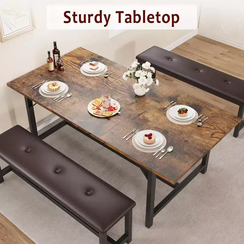 Ensemble table de salle à manger 3 pièces pour 4-6 personnes, grande table de cuisine extensible 120-160 cm avec 2 bancs rembourrés, marron