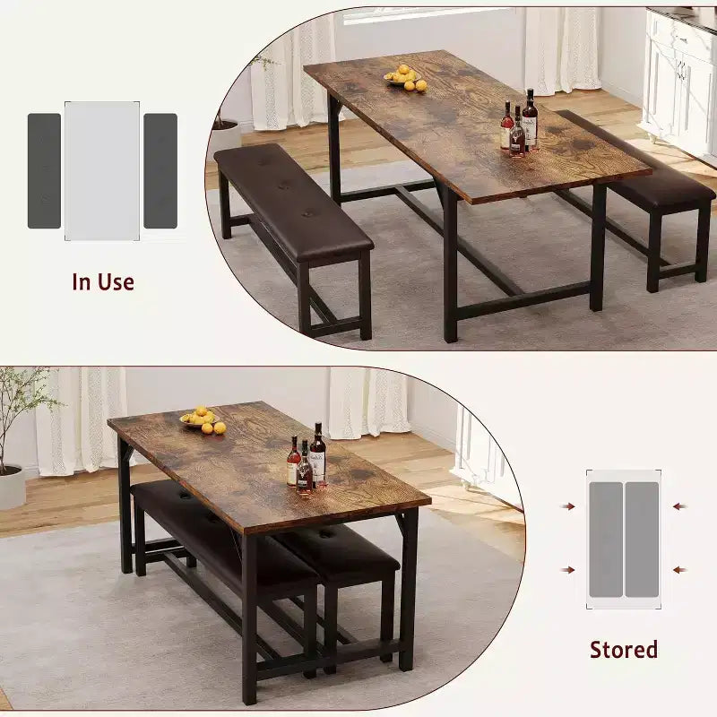 Ensemble table de salle à manger 3 pièces pour 4-6 personnes, grande table de cuisine extensible 120-160 cm avec 2 bancs rembourrés, marron