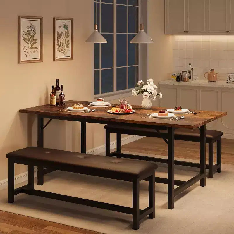 Ensemble table de salle à manger 3 pièces pour 4-6 personnes, grande table de cuisine extensible 120-160 cm avec 2 bancs rembourrés, marron