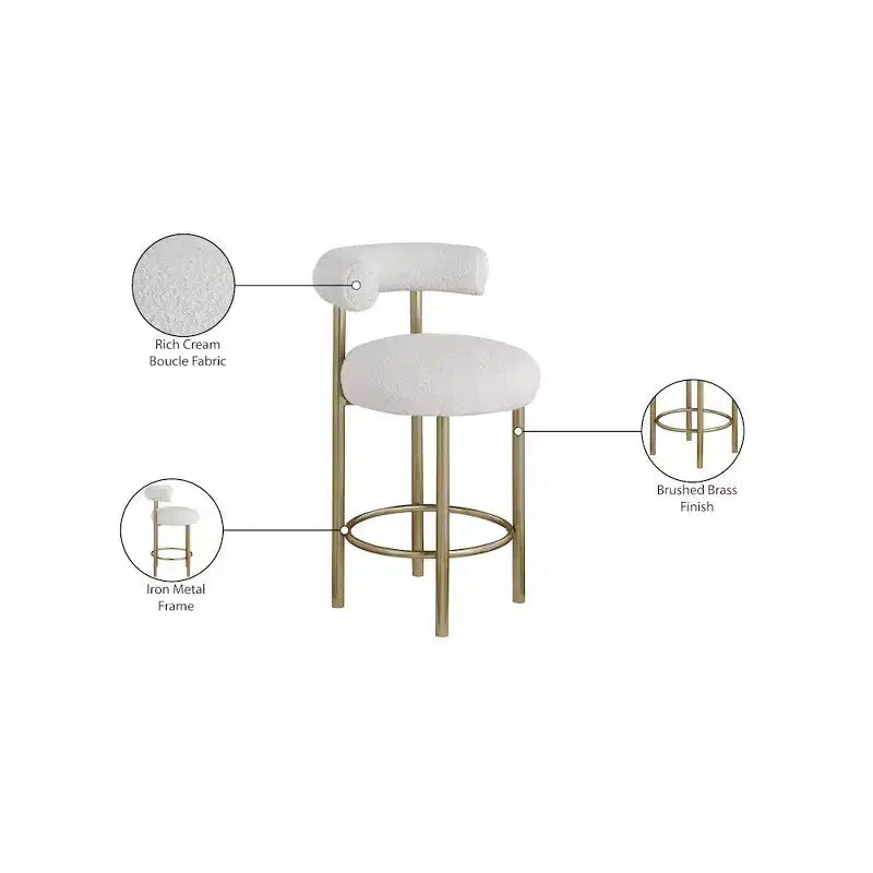 Meridian Furniture, Tabouret en tissu bouclé crème Bordeaux, Lot de 2