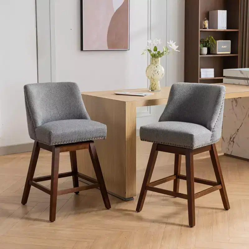 Lot de 2 tabourets de bar pivotants Okak 26H rembourrés à hauteur de comptoir, tabourets de comptoir en bois pour îlot de cuisine et salle à manger