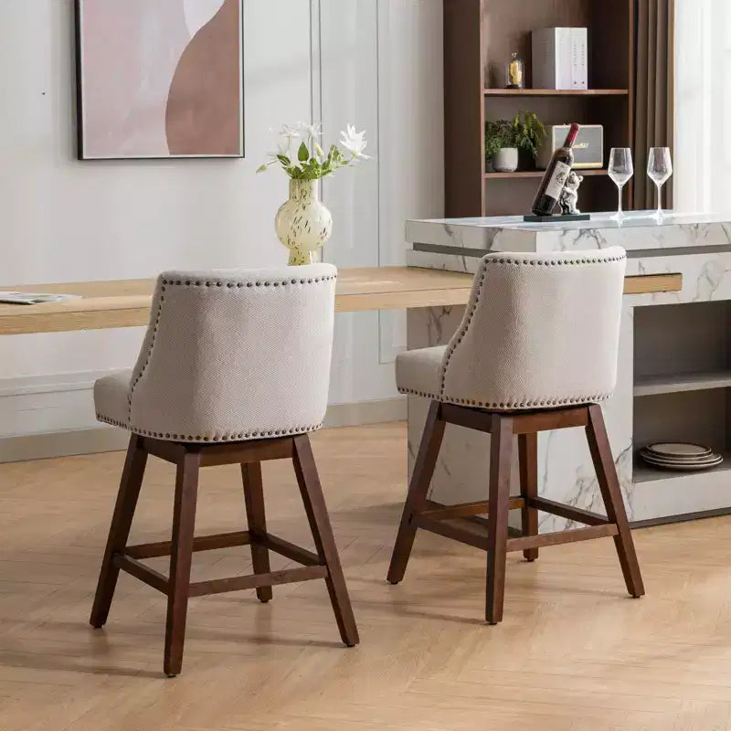Lot de 2 tabourets de bar pivotants Okak 26H rembourrés à hauteur de comptoir, tabourets de comptoir en bois pour îlot de cuisine et salle à manger
