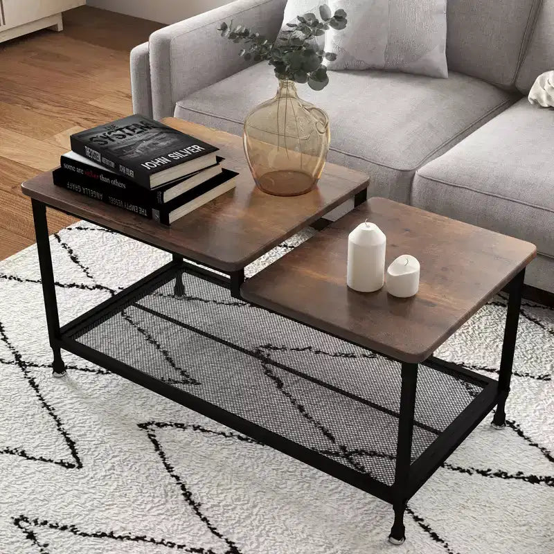 Table Basse à 2 Niveaux avec Étagère Grille, Table de Salon Structure Métallique,