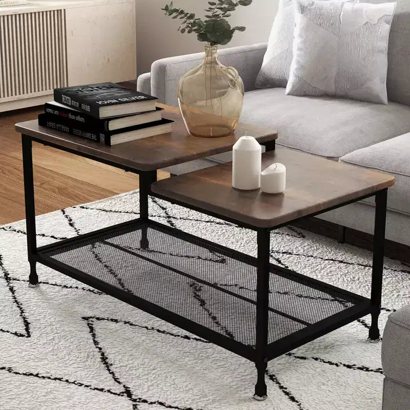 Table Basse à 2 Niveaux avec Étagère Grille, Table de Salon Structure Métallique,