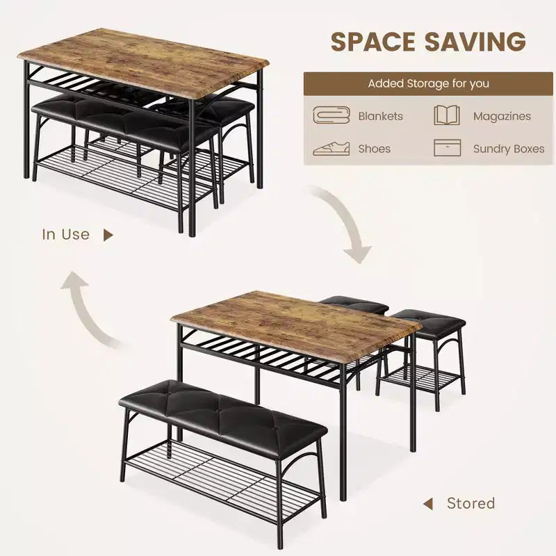 Ensemble de salle à manger moderne pour 4 personnes, plateau en bois, 2 chaises rembourrées, 1 banc, cadre métallique, pour petits espaces, appartements, restaurants