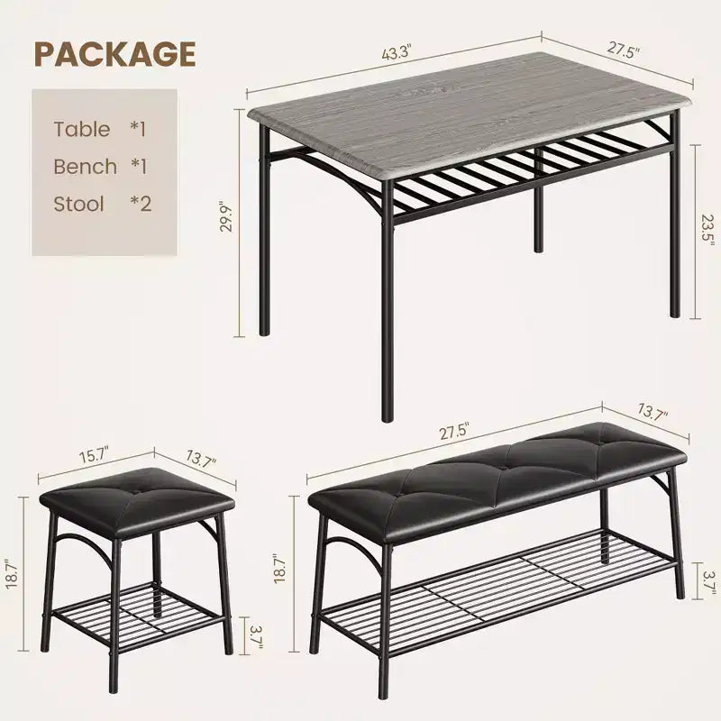 Ensemble de salle à manger moderne pour 4 personnes, plateau en bois, 2 chaises rembourrées, 1 banc, cadre métallique, pour petits espaces, appartements, restaurants