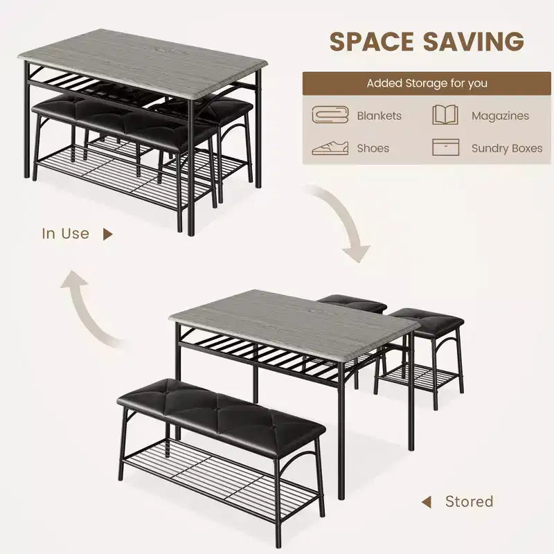 Ensemble de salle à manger moderne pour 4 personnes, plateau en bois, 2 chaises rembourrées, 1 banc, cadre métallique, pour petits espaces, appartements, restaurants