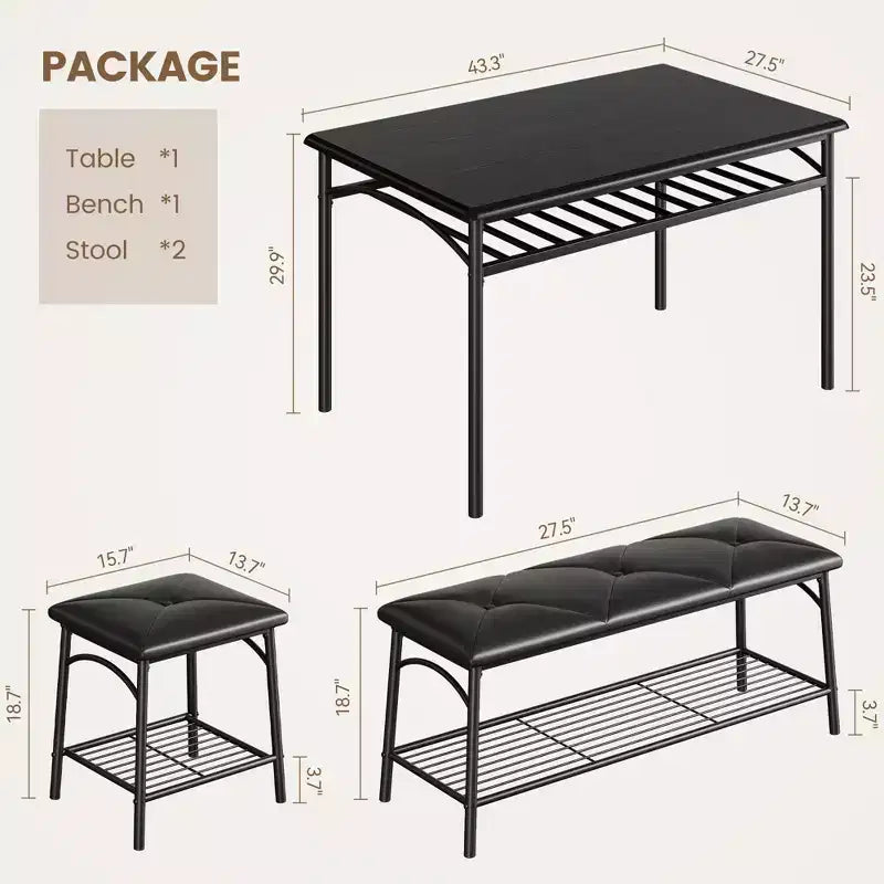 Ensemble de salle à manger moderne pour 4 personnes, plateau en bois, 2 chaises rembourrées, 1 banc, cadre métallique, pour petits espaces, appartements, restaurants