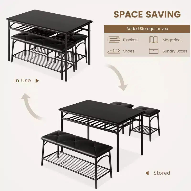 Ensemble de salle à manger moderne pour 4 personnes, plateau en bois, 2 chaises rembourrées, 1 banc, cadre métallique, pour petits espaces, appartements, restaurants