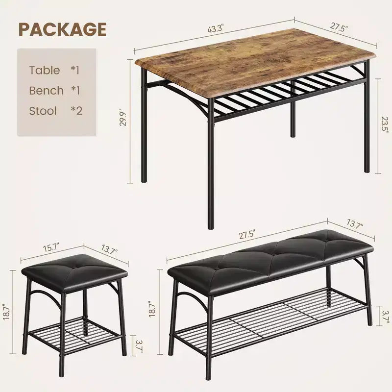 Ensemble de salle à manger moderne pour 4 personnes, plateau en bois, 2 chaises rembourrées, 1 banc, cadre métallique, pour petits espaces, appartements, restaurants