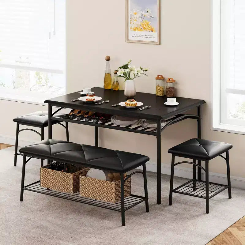 Modern Dining Set for 4, Wood Tabletop, 2 Padded Chairs, 1 Bench, Metel Frame, for Small Spaces, Apartments, Restaurants