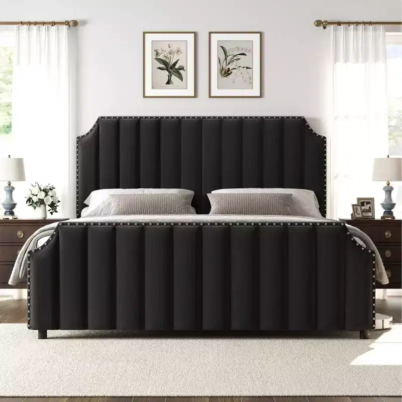 GustoWave Cadre de lit King Size avec tête et pied de lit, plateforme de lit King Size capitonnée, support solide à lattes en bois, pas besoin de sommier, Noir