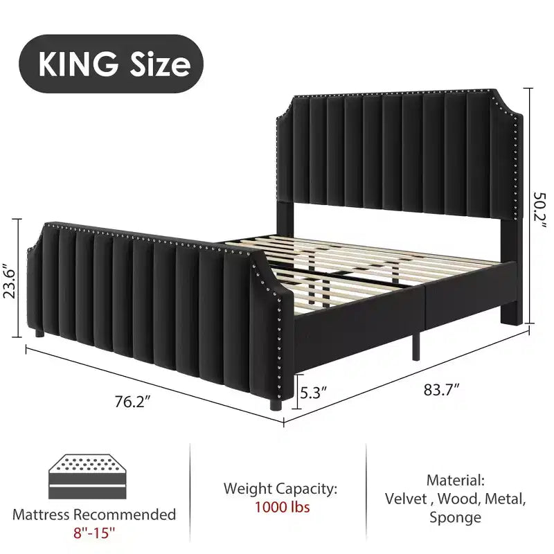 GustoWave Cadre de lit King Size avec tête et pied de lit, plateforme de lit King Size capitonnée, support solide à lattes en bois, pas besoin de sommier, Noir