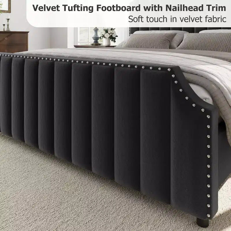 GustoWave Cadre de lit King Size avec tête et pied de lit, plateforme de lit King Size capitonnée, support solide à lattes en bois, pas besoin de sommier, Noir