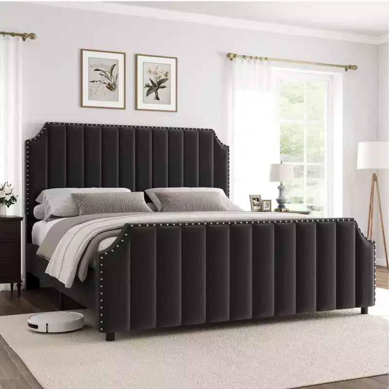GustoWave Cadre de lit King Size avec tête et pied de lit, plateforme de lit King Size capitonnée, support solide à lattes en bois, pas besoin de sommier, Noir