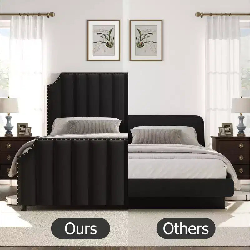 GustoWave Cadre de lit King Size avec tête et pied de lit, plateforme de lit King Size capitonnée, support solide à lattes en bois, pas besoin de sommier, Noir