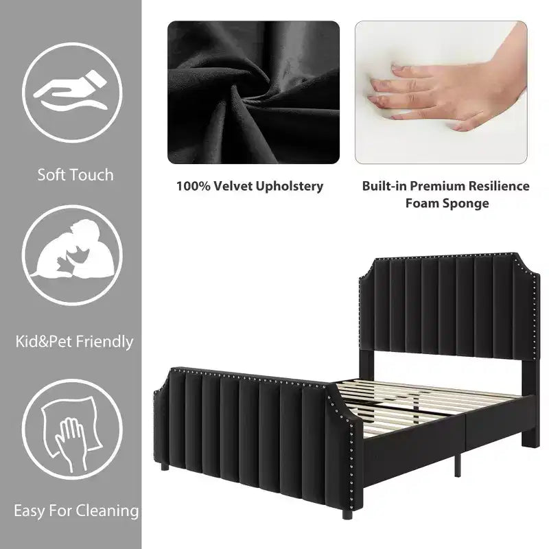 GustoWave Cadre de lit King Size avec tête et pied de lit, plateforme de lit King Size capitonnée, support solide à lattes en bois, pas besoin de sommier, Noir