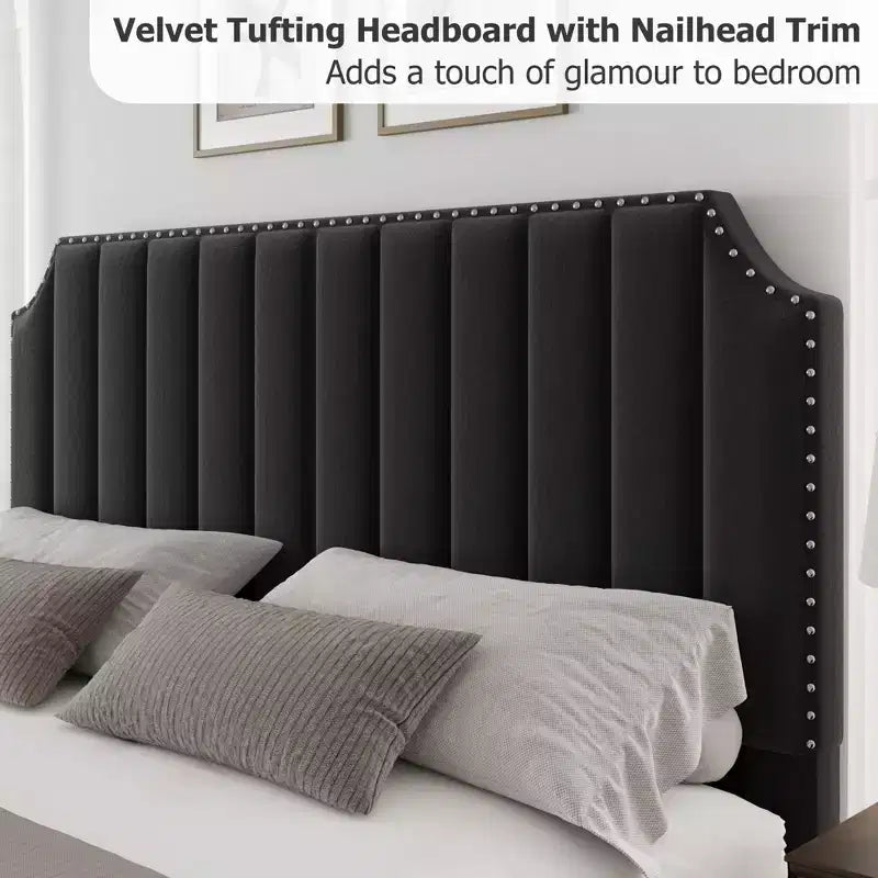 GustoWave Cadre de lit King Size avec tête et pied de lit, plateforme de lit King Size capitonnée, support solide à lattes en bois, pas besoin de sommier, Noir