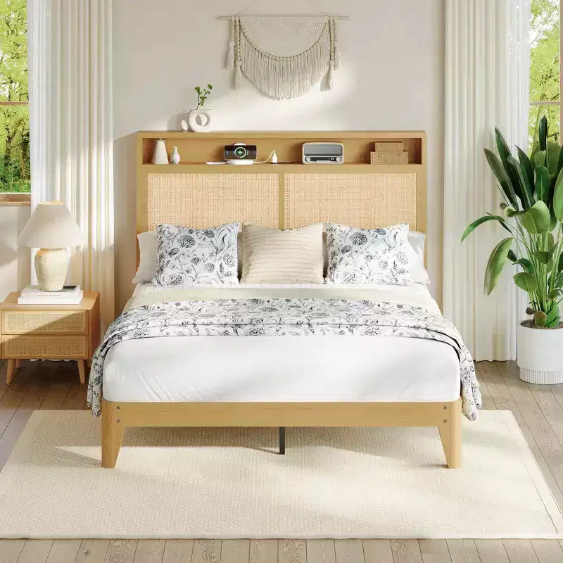 COZONY LED Bed Frame with Rattan Headboard, Built in Charging RGB Lighting Storage Design