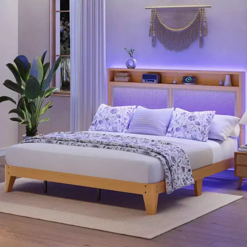 Cadre de lit LED COZONY avec tête de lit en rotin, éclairage RGB intégré avec fonction de charge et espace de rangement