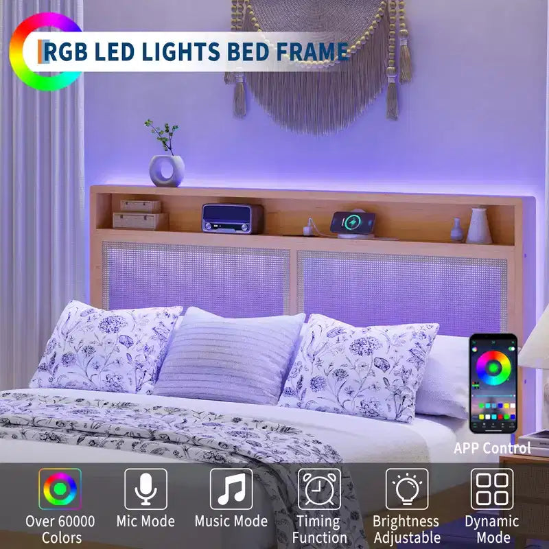 Cadre de lit LED COZONY avec tête de lit en rotin, éclairage RGB intégré avec fonction de charge et espace de rangement